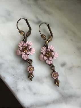 Michal Negrin Pink Floral Drop Earrings with Gold Accents